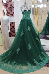 Sweetheart Long Lace Green Sweep Train Lace Up Semi Formal Prom Dresses